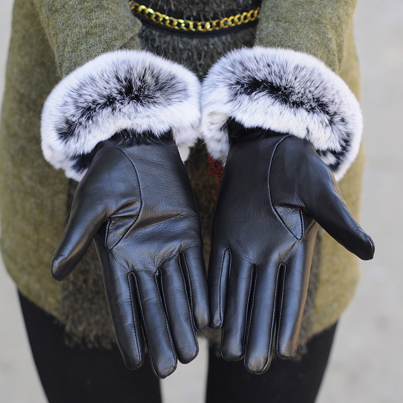 Gloves New Year Gift Suede genuine leather glove women's short design rabbit fur thickening winter thermal leather glove