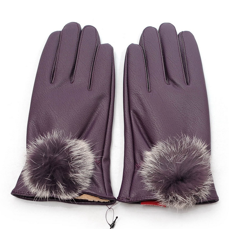 Gloves spring hair balls women's finger gloves cold-proof thermal leather gloves
