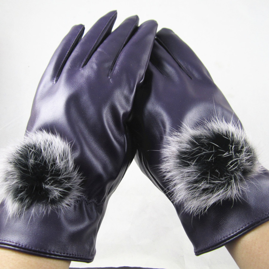 Gloves Women winter thermal faux leather full fur ball leather gloves