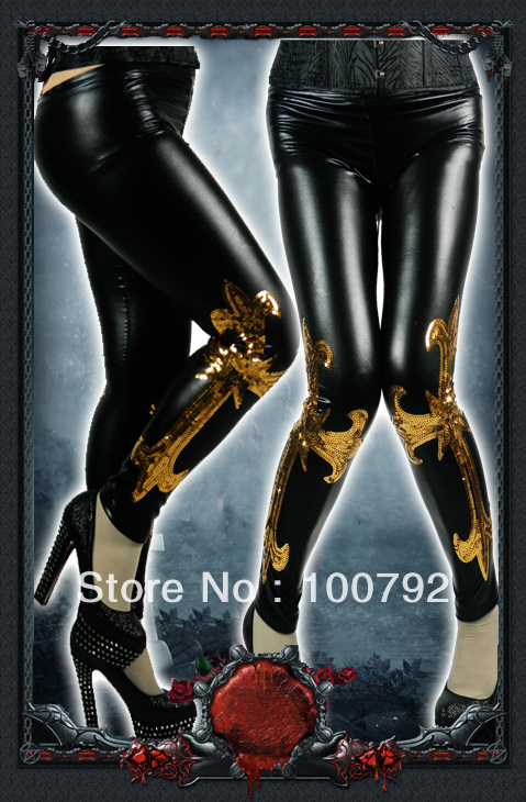 go go fashion  punk rock gothic embellish Sequin cross leggings  wet look leather tights leggings pants accept Qiwi wallet