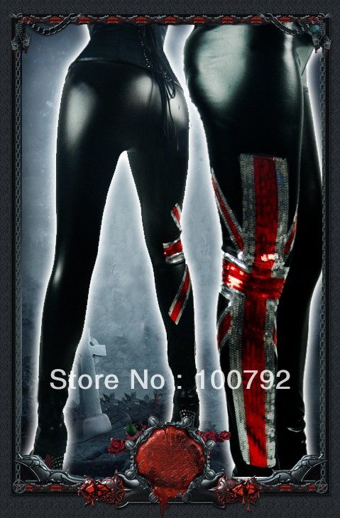 go go fashion  punk rock gothic embellish Sequin union jack leggings  wet look leather tights leggings pants Free shipping