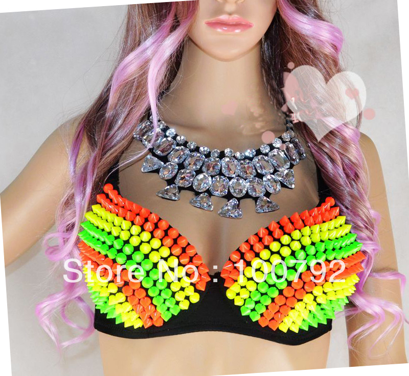 go go fashion stripe  sexy color luminated spiked sudded bra top,punk rock clubwear stage dancer bra  top Free shipping