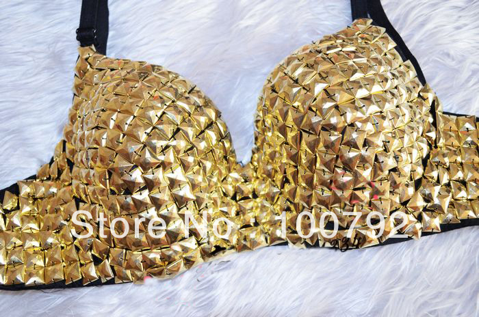 go go fashion stripe  sexy gold metal spiked sudded bra top,punk rock clubwear stage dancer bra  top Free shipping