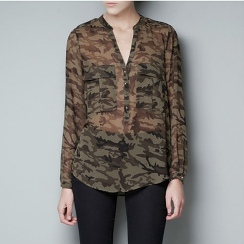 GOLD BUTTON V-NECK CAMOUFLAGE CHIFFON LONG SLEEVE SHIRT BLOUSE 3710