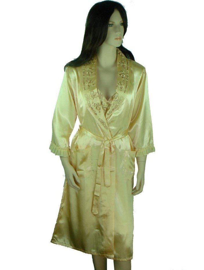 Gold Chinese Women's Satin Polyester 2pcs Nightwear Robe Pyjamas Sleepwear Gown M L XL Free Shipping S0041