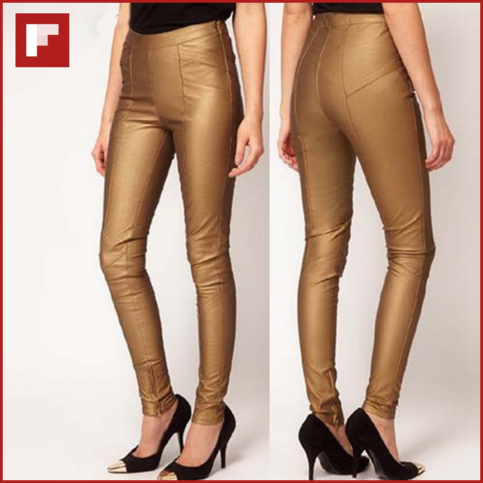 Gold color PU cutting tight-fitting  patchwork leather long pants