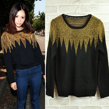 Gold patchwork long-sleeve pullover sweater 8570 free shipping