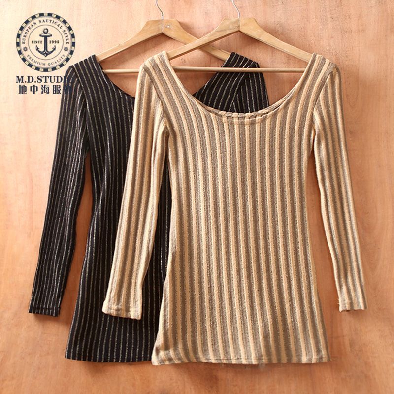 Gold stripe women's mdstudio o-neck long-sleeve slim basic sweater