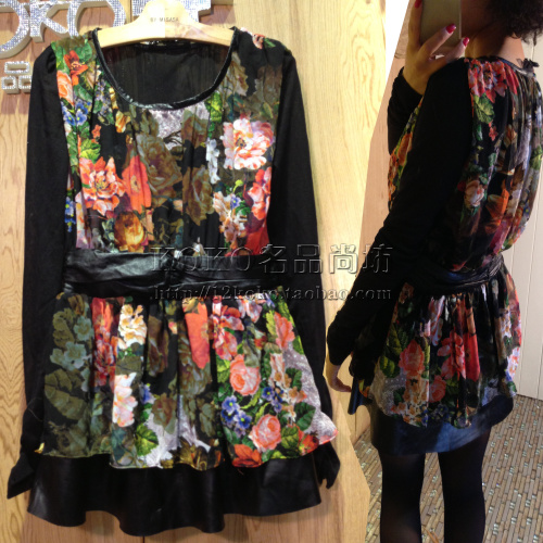 Good genuine leather waist decoration flowers one-piece dress