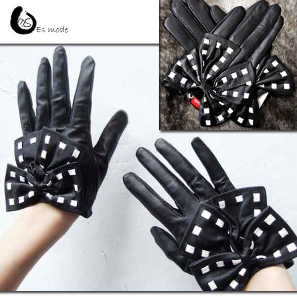 Good kysing quality 2013 new type hot sales lady gaga rivet bow sheepskin genuine leather gloves Free Shipping