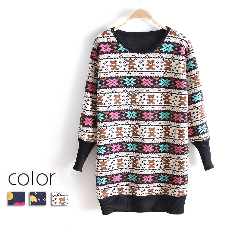 Good quality 2013 autumn women's pattern medium-long plus velvet o-neck knitted basic shirt wx1306