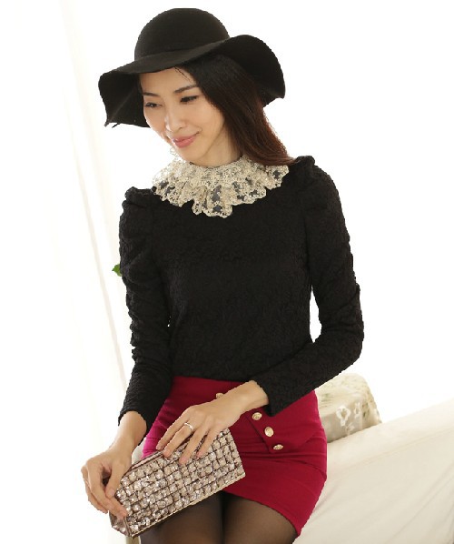 Good quality 2013 spring new style Lace High collar Bottoming shirt Female Style Long-sleeved T-shirt Plus velvet