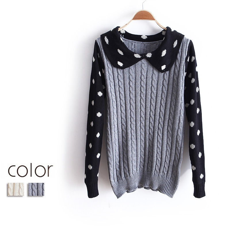 Good quality 2013new women's sweet fresh twisted turn-down collar polka dot slim wx1243 long-sleeve sweater
