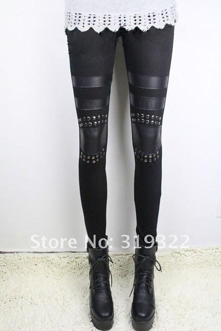 Good Quality Black sexy leather leggings women's stretch pants Splice Knee Patches Drop Ship Women Capris Skinny Hot Sale