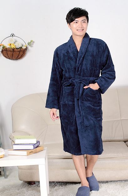 GOOD quality fashion mens' ultrafine thickening coral fleece robe sleepwear bathrobes dark blue long designs soft bath robes