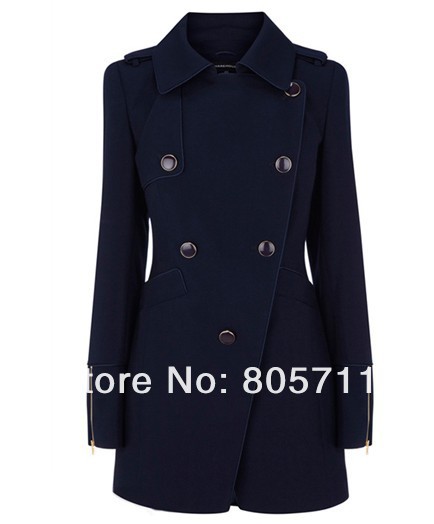 Good Quality Solid Color Black Dark Blue Oblique Buttons Zipper Cuff  Women's Coats New Fashion 2012