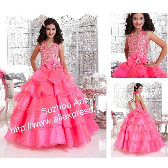 Gorgeous Halter Bead Elegant Flower Girl Dress Pink Communion Dress Ball Gown 2013 FL186