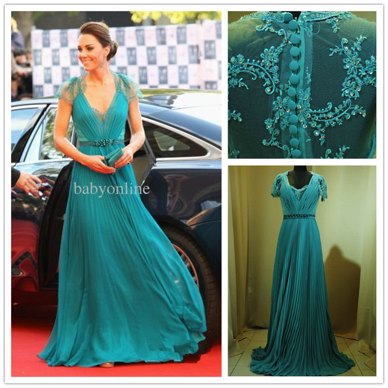 Gorgeous Kate Middleton Princess's Evening Dresses Flowing Chiffon With Nice Lace Cap Sleeves Decorated KT0001
