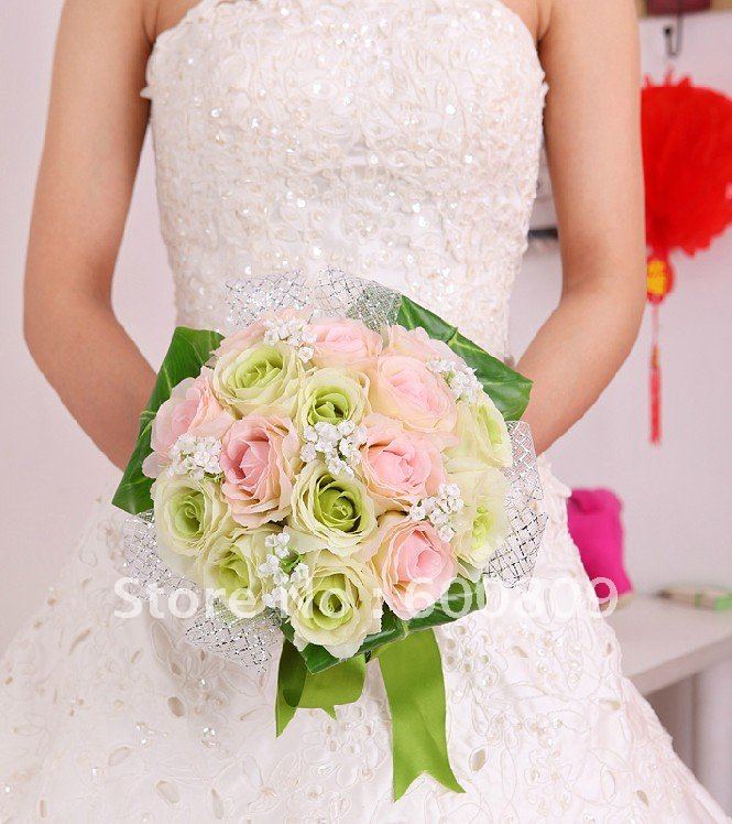 Gorgeous Pink+Green Mixed Silk Artificial Wedding Bouquets