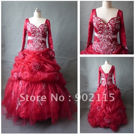 Gorgeous Sweetheart Beaded Organza Red Quinceanera Dress With Full Sleeves