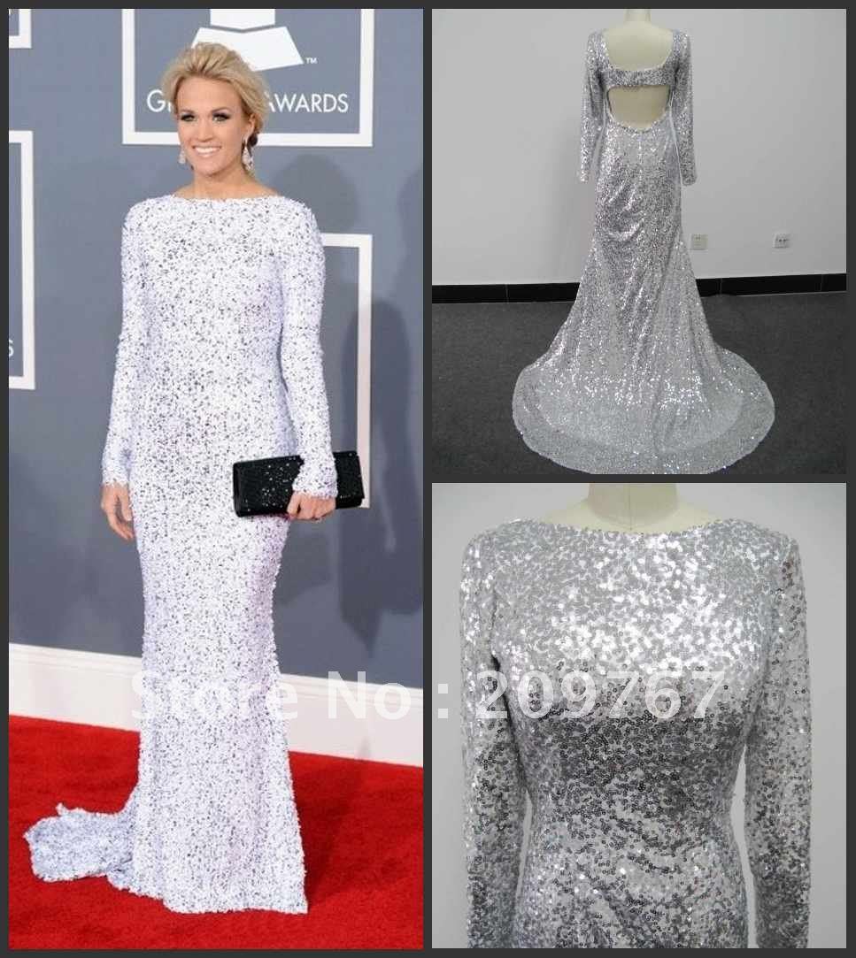 GorgeousActual Image Unique Sheath/Cloumn Long Sleeves Sweep Sparkling Beaded and Lace Sequins Celebrity Party Dresses Prom Gown