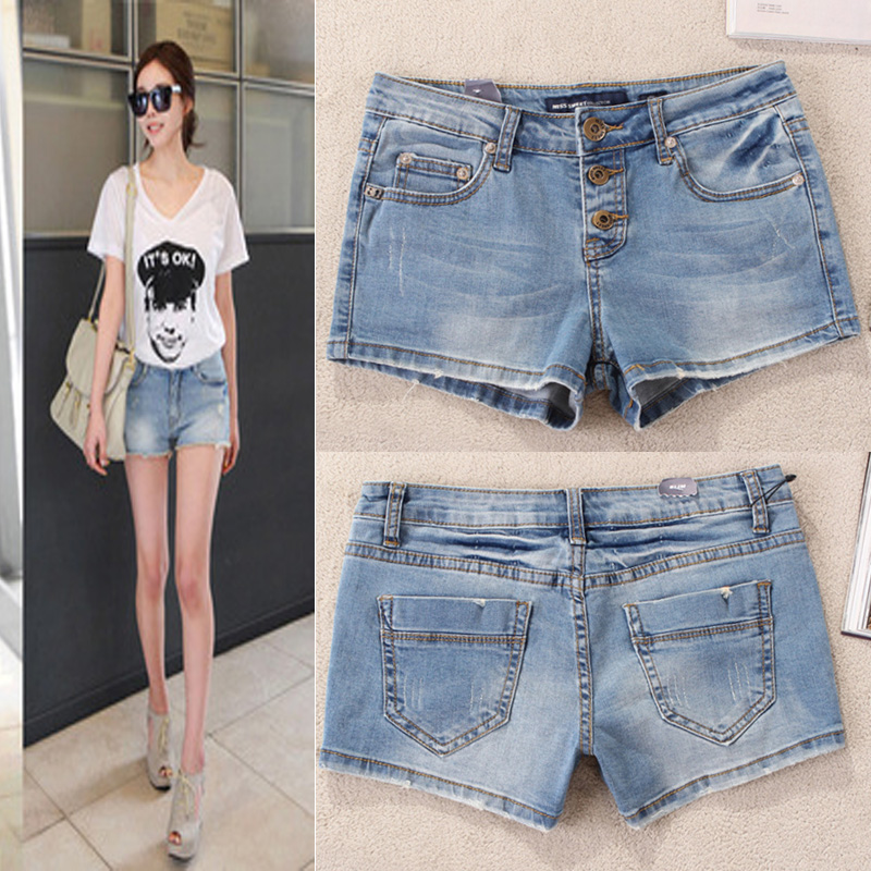 Gossip buttons light blue water wash wearing white denim shorts womens straight jeans shorts