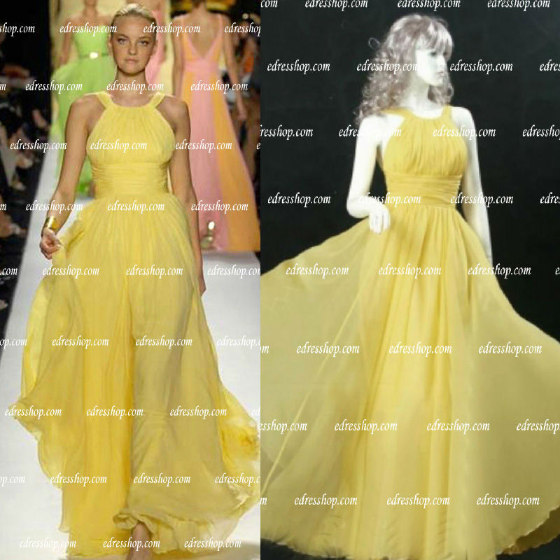 Gossip Girl Yellow Pleated Straps Celebrity Dress Gown Ball Party Evening Dress Floor length
