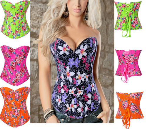Gothic Sexy Lace Up Boned Overbust Floral Printing Corset&Bustier Top S-2XL