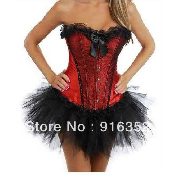 Gothic Sexy Lady Dot Satin Lace up Corset Bustier with Mini Tutu Costume Clothes