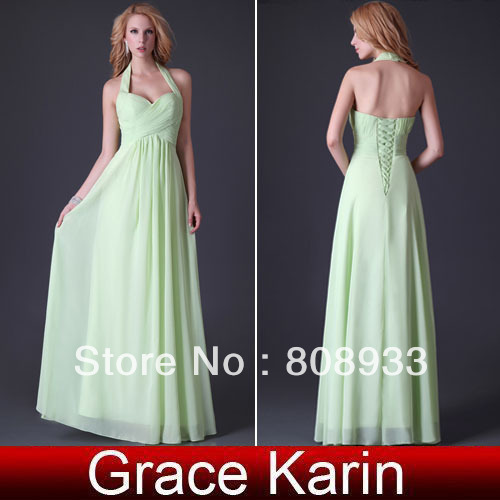 Grace Karin! 2013 Free Shipping 1pc Chiffon Halter Formal Designer Gown Backless Evening Dress, Bandage Light Green CL3461