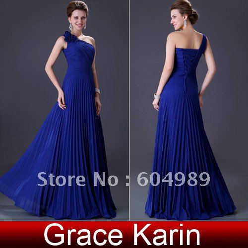 Grace Karin Stock Long One Shoulder Pleated Blue Gown Designers Prom Ball Evening Party Dresses 8 Size, Free Shipping CL3467
