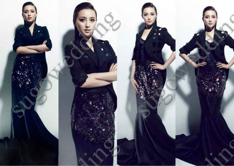 Graceful Dark navy long sequins evening gowns 2013celebrity mermaid evening party gowns without jacket free shipping