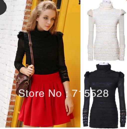 Graceful Victoria Ladies' Long Sleeve Lace Blouses Fur Shoulder Knot Sweet Slim Shirts Turtleneck Black Beige Free Shipping