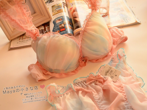 Gradient color chiffon ruffle sexy underwear bra set