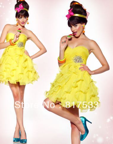 graduation dresses party tiered ruched a line mini short sweetheart beaded brooch yellow chic homecoming 2013 trendy