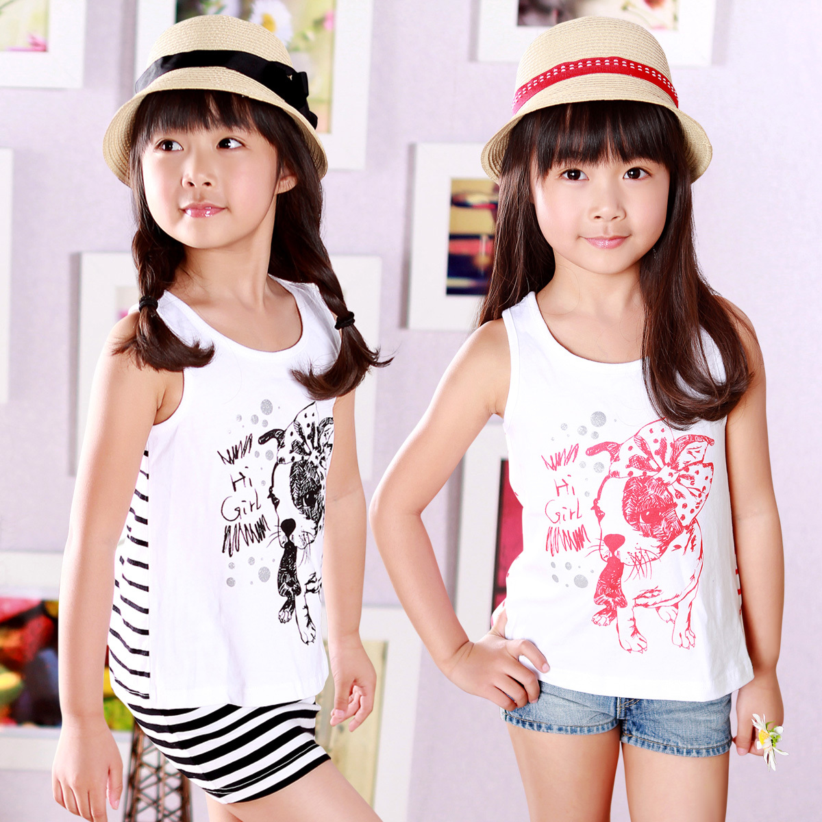 Green box children's clothing hi girl female child print female child vest