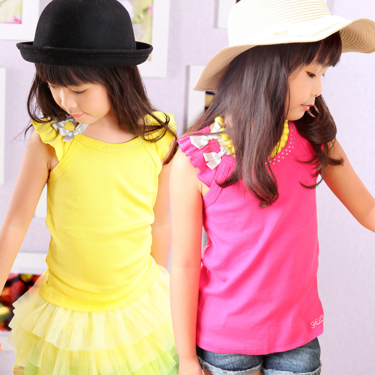 Green box hi children's girl clothing 2012 all-match ruffled pleated sleeve female child vest child sleeveless T-shirt