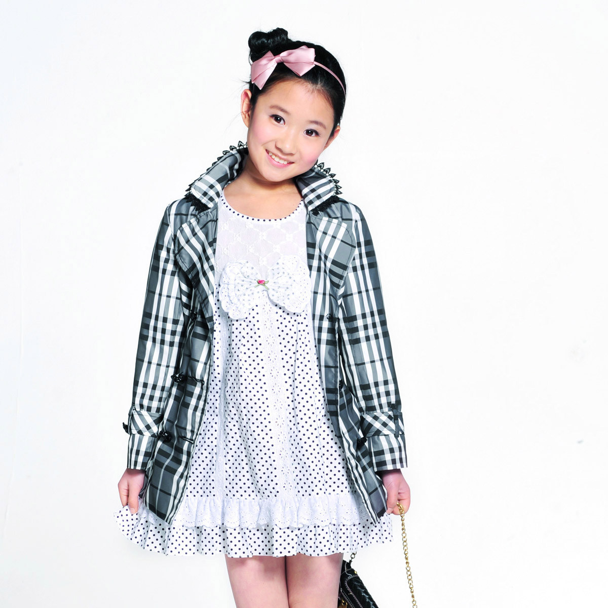 Green cotton children's clothing children's clothing female child trench child medium-long plaid outerwear sp-12-20