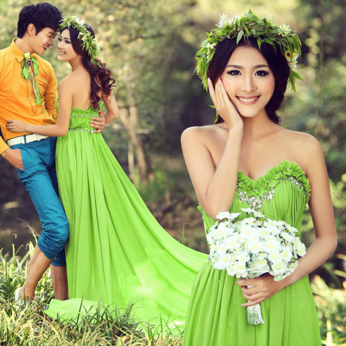 Green diamond princess bridal train wedding dress formal dress 2012 3203