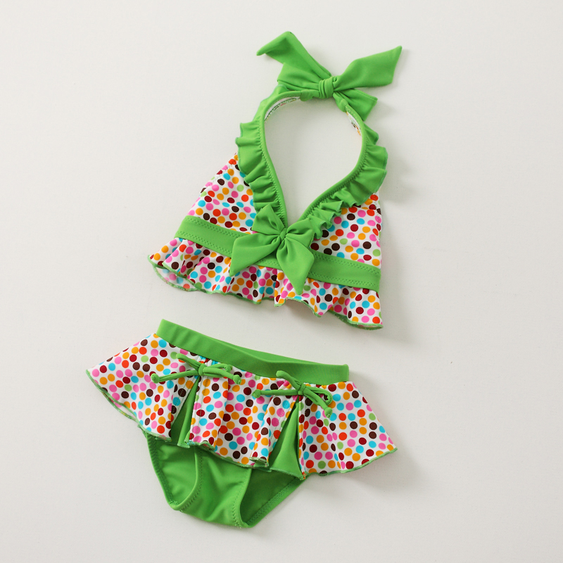 Green dot dress multicolour child swimwear female child split swimwear infant girl bikini swimwear