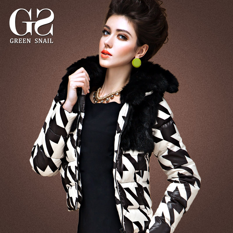 Green gs houndstooth slim rabbit fur down coat Women down coat female short design FREE SHIPPING