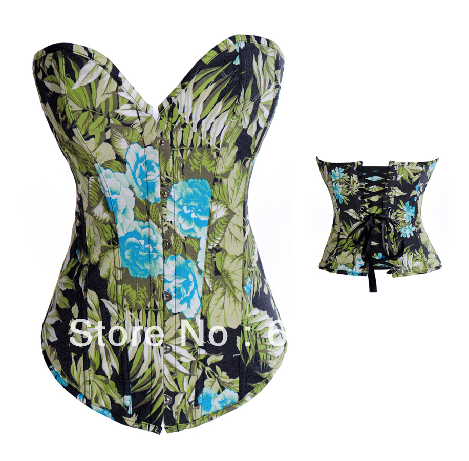 Green lace up boned corset busiter floral jeans bodyshaper clubwear S-2XL