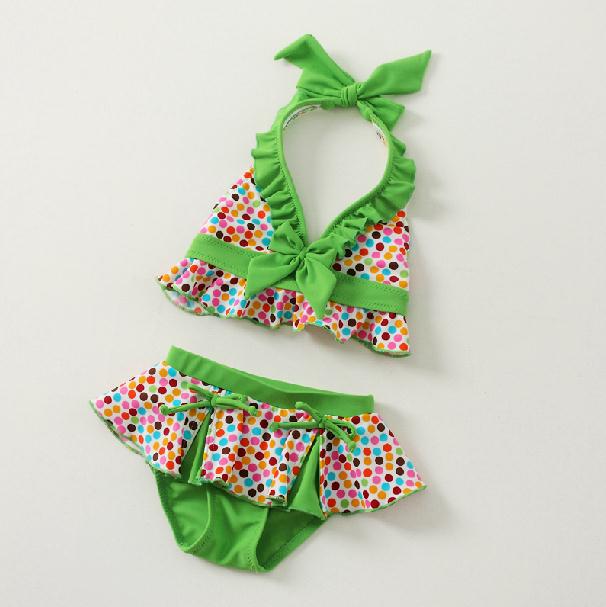 Green multicolour dot dress child swimwear female child split swimwear infant girl bikini swimwear