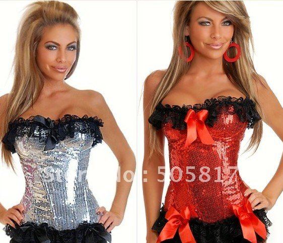 Green red silver purple High quality! NEW women lace bustier top with G-string Sexy sequin shaper corset Bow CJ873