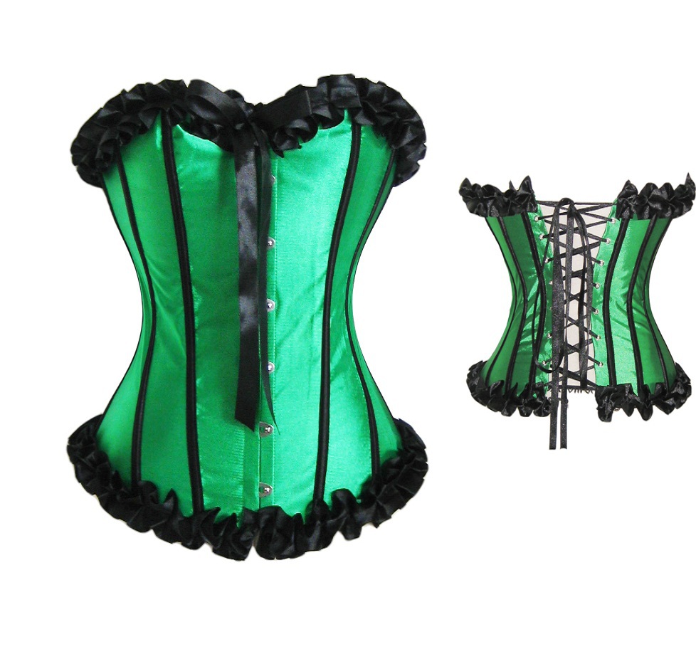 Green satin boned lace Up corset top bustier bodyshaper  factory supplier S-2XL