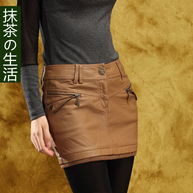 Green tea leather skirt bust skirt PU slim hip short skirt female plus size leather skirt slim 2013