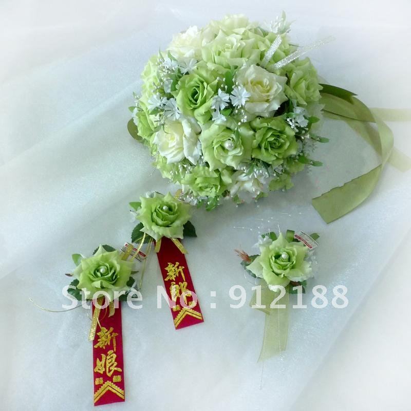 Green with white fake flowers for wedding party,best wedding products speical for bridal bouquets