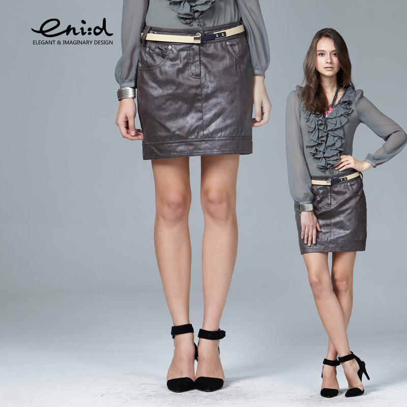 Grey artificial enid PU faux leather embossed slim finelines miniskirt female