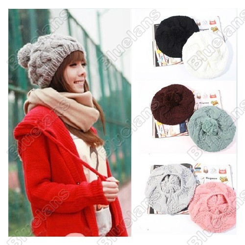 Guaranteed 100% New Warm Winter Korean Handmade Knit Wool Berets Hat Beanie Crochet Warm Pumpkin Ball Hat Free Shipping 5554