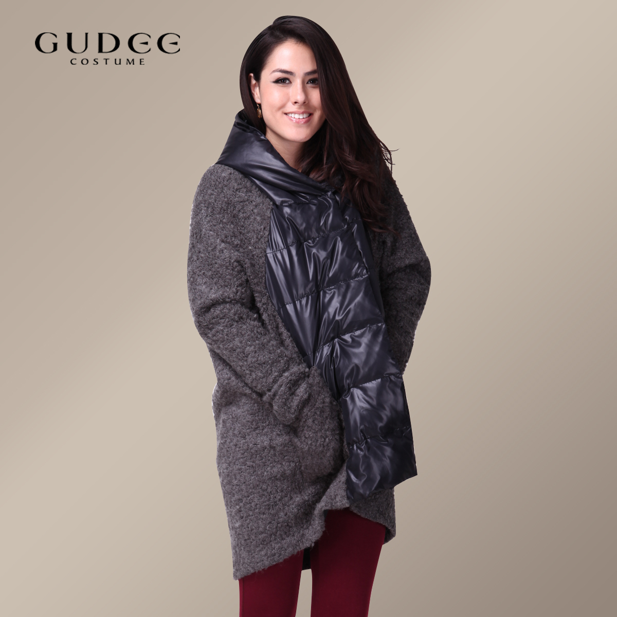 Gudee2012 pliableness dark gray fashion casual woolen patchwork down overcoat